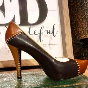 Chinese Laundry Stitched Leather Platform Heel Multi Shades of Brown Sz 8